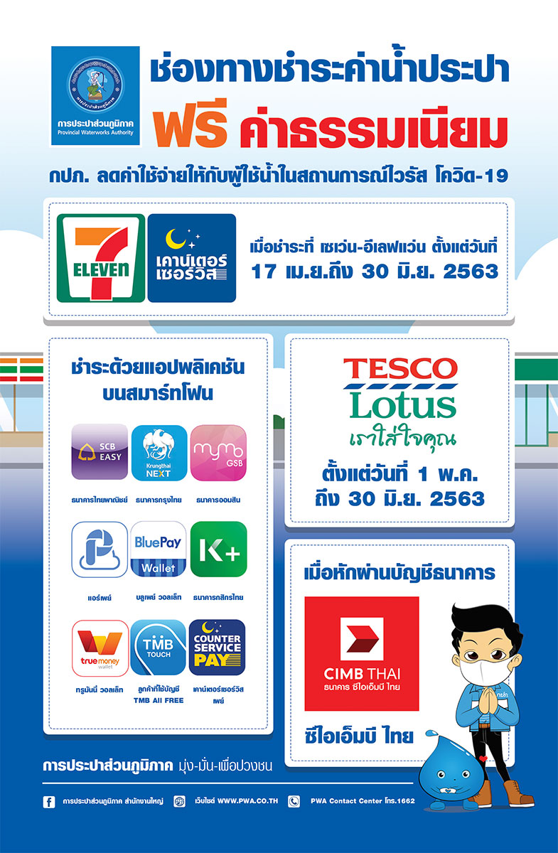 ช่องทางชำระค่านํ้าประปาฟรีธรรมเนียม