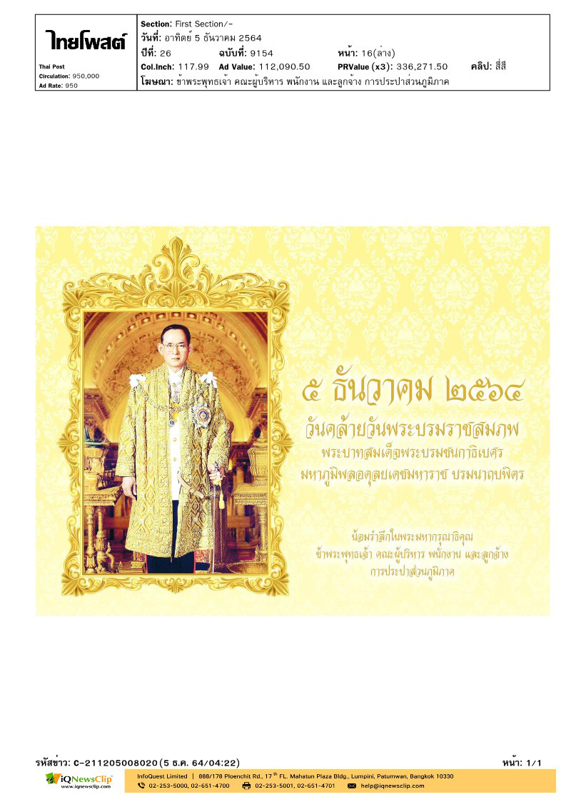 5 ธันวาคม 2564 วันคล้ายวันพระบรมราชสมภพ พระบาทสมเด็จพระบรมชนกาธิเบศร มหาภูมิพลอดุลยเดชมหาราช บรมนาถบพิตร
