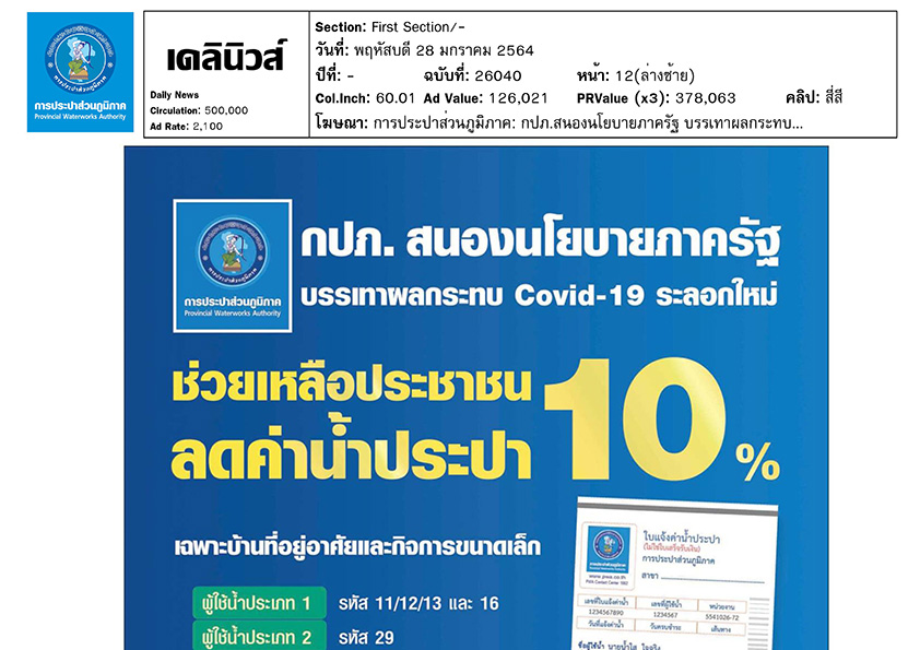 กปภ. สนองนโยบายภาครัฐ บรรเทาผลกระทบ Covid-19 ระลอกใหม่ ช่่วยเหลือประชาชนลดค่าน้ำประปา 10%