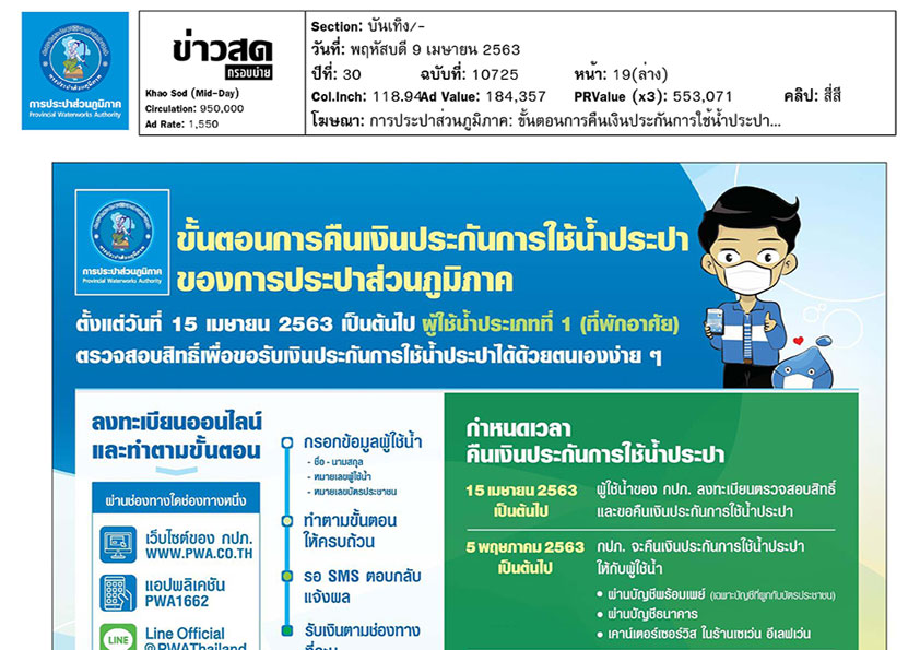 ขั้นตอนการคืนเงินประกันการใช้น้ำประปาของการประปาส่วนภูมิภาค
