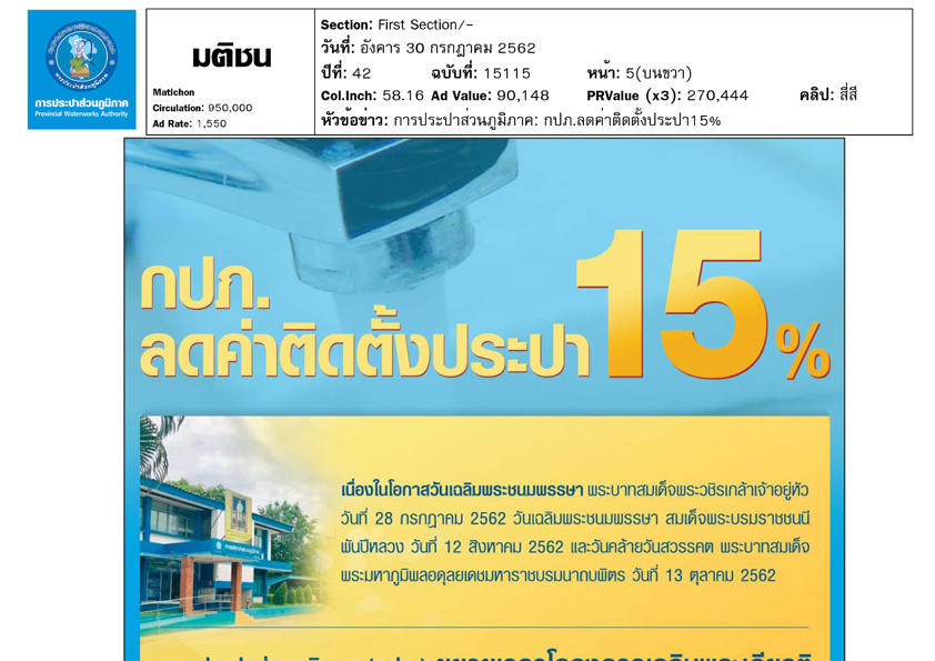 กปภ. ขยายเวลาโครงการเฉลิมพระเกียรติ ลดค่าติดตั้งประปา 15%  ปี 2562