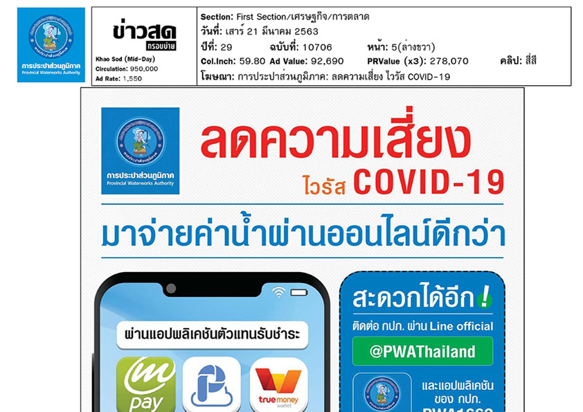 ลดความเสี่ยง ไวรัส COVID-19 มาจ่ายค่าน้ำออนไลน์ดีกว่า