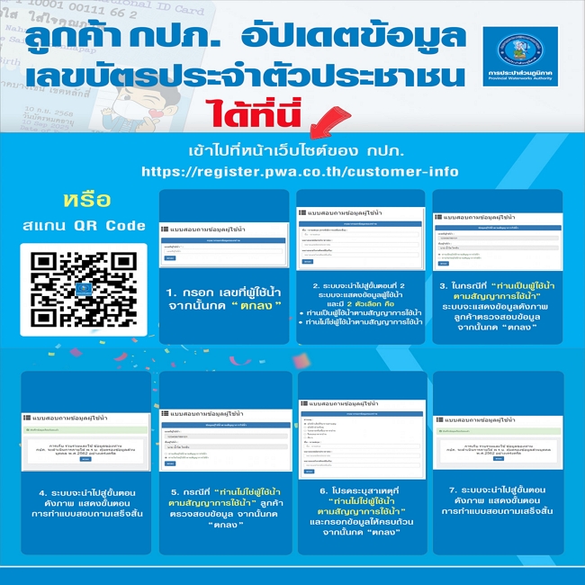 กปภ. เปิดให้ลูกค้าดำเนินการอัปเดตข้อมูลเลขบัตรประจำตัวประชาชนผ่านทางเว็บไซต์