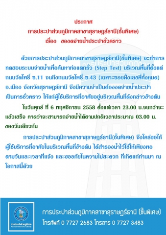 ประกาศ การประปาส่วนภูมิภาคสาขาสุราษฎร์ธานี(ชั้นพิเศษ) เรื่อง ของดจ่ายน้ำประปาชั่วคราว