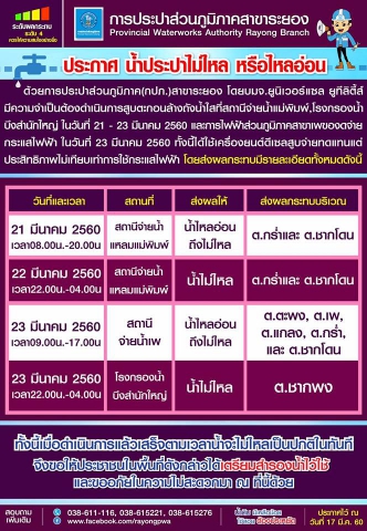 ประกาศหยุดจ่ายน้ำประปาชั่วคราว วันที่ 21-23 มีนาคม 2560