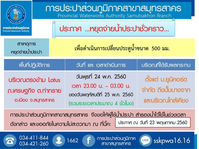 ประกาศหยุดจ่ายน้ำชั่วคราว กปภ.สาขาสมุทรสาคร
