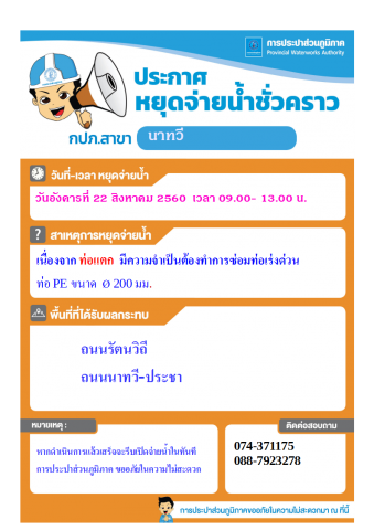 การประปาส่วนภูมิภาค สาขานาทวี หยุดจ่ายน้ำเป็นการชั่วคราวเนื่องจากท่อแตก