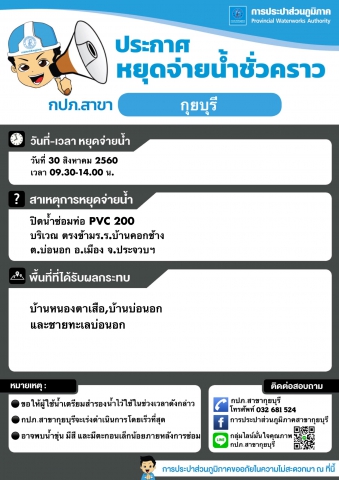 กปภ.สาขากุยบุรี หยุดต่ายน้ำชั่วคราวเพื่อซ่อมท่อ