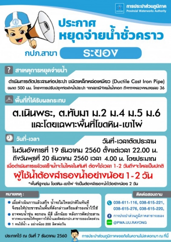 ประกาศการประปาส่วนภูมิภาคสาขาระยอง เรื่อง ของดจ่ายน้ำประปาชั่วคราว