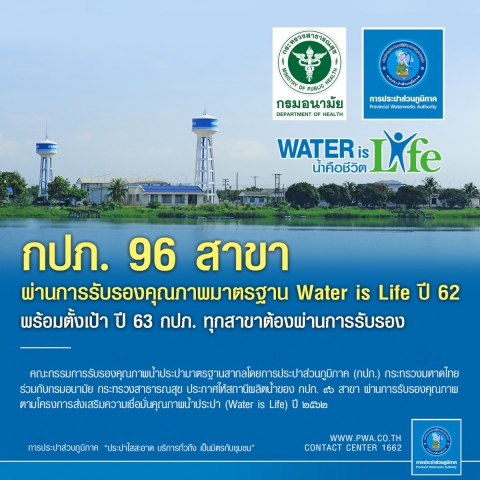 กปภ. 96 สาขาผ่านการรับรองมาตรฐาน Water is Life ปี 62 ตั้งเป้าปี 63 กปภ.ทุกสาขาผ่านการรับรอง