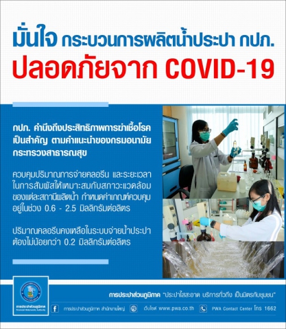 กปภ. มั่นใจกระบวนการผลิตน้ำประปา ปลอดภัยจาก COVID-19