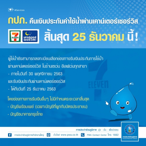 กปภ.คืนเงินประกันการใช้น้ำผ่านเคาน์เตอร์เซอร์วิส สิ้นสุด 25 ธ.ค. 63