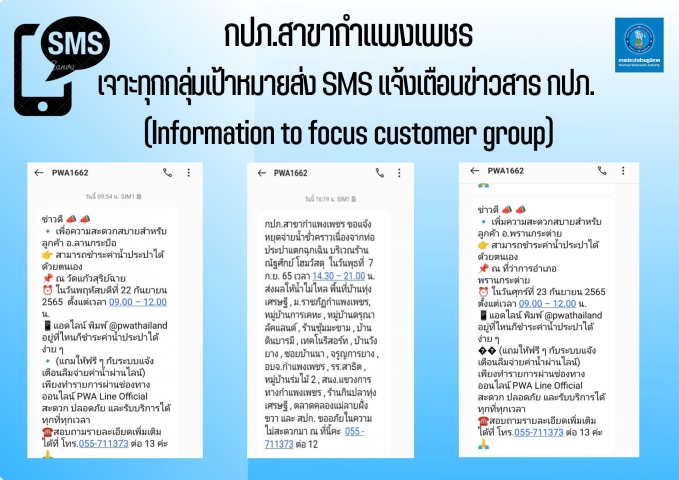 กปภ.สาขากำแพงเพชร เจาะทุกกลุ่มเป้าหมายส่ง SMS แจ้งเตือนข่าวสาร กปภ. (Information to focus customer group)