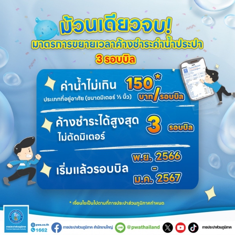 ม้วนเดียวจบ ! มาตรการขยายเวลาค้างชำระค่าน้ำประปา 3 รอบบิล