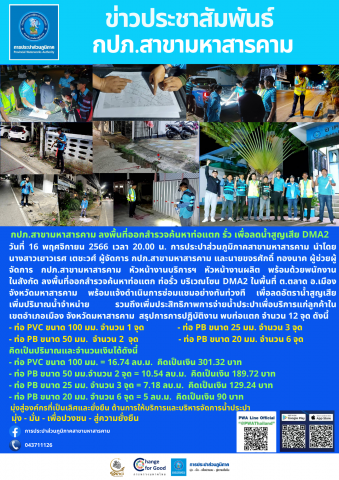 กปภ.สาขามหาสารคาม ลงพื้นที่ออกสำรวจค้นหาท่อแตก รั่ว เพื่อลดน้ำสูญเสีย DMA2