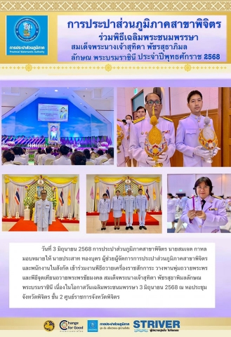 การประปาส่วนภูมิภาคสาขาพิจิตร ข้าร่วมงานพีธีถวายเครื่องราชสักการะ วางพานพุ่มถวายพระพร และพีธีจุดเทียนถวายพระพรชัยมงคล สมเด็จพระนางเจ้าสุทิดา พัชรสุธาพิมลลักษณ พระบรมราชินี