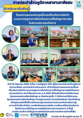 วันที่ 30 มิถุนายน 2568 นำโดย นายณัฐยุทธ โชโต ผู้จัดการการประปาส่วนภูมิภาคสาขาเขาชัยสน และหัวหน้างานอำนวยการ เข้าร่วมโครงการอบรมประชุมชี้แจง เกี่ยวกับการจัดทำระบบมาตรฐานการป้องกันและแก้ไขปัญหายาเสพติดในสถานประกอบกิจการ ประจำปีงบประมาณ พ.ศ.2568
