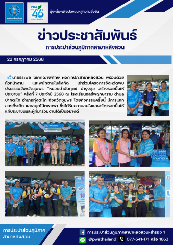 กปภ.สาขาหลังสวน เข้าร่วมโครงการจังหวัดพบประชาชนจังหวัดชุมพร "หน่วยบำบัดทุกข์ บำรุงสุข สร้างรอยยิ้มให้ประชาชน" ครั้งที่ 7 ประจำปี 2568