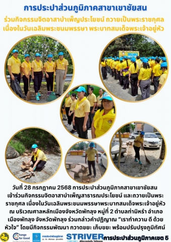 วันที่ 28 กรกฎาคม 2568 การประปาส่วนภูมิภาคสาขาเขาชัยสน เข้าร่วมกิจกรรมจิตอาสาบำเพ็ญสาธารณประโยชน์ และถวายเป็นพระราชกุศล เนื่องในวันเฉลิมพระชนมพรรษาพระบาทสมเด็จพระเจ้าอยู่หัว