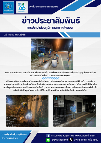 กปภ.สาขาหลังสวน ออกสำรวจหาท่อแตก-ท่อรั่ว และดำเนินการปรับPRV เพื่อลดน้ำสูญเสียของหน่วยบริการละแม ในพื้นที่ ต.ละแม อ.ละแม จ.ชุมพร