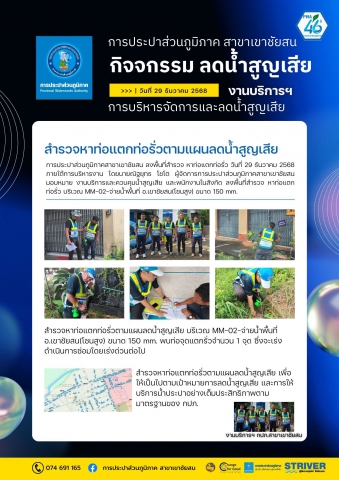 วันที่ 29 ธันวาคม 2568 การประปาส่วนภูมิภาคสาขาเขาชัยสน ภายใต้การบริหารงาน โดยนายณัฐยุทธ  โชโต ผู้จัดการ มอบหมายหัวหน้างานบริการและควบคุมน้ำสูญเสีย และพนักงานในสังกัด ลงพื้นที่สำรวจ หาท่อแตกท่อรั่ว บริเวณ MM-02 จ่ายน้ำพื้นที่ อ.เขาชัยสน (โซนสูง)