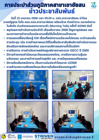 วันที่ 15 มกราคม 2568 เวลา 09.00 น. กปภ.สาขาเขาชัยสน นำโดยนายณัฐยุทธ โชโต ผจก.กปภ.สาขาเขาชัยสน พร้อมด้วย หัวหน้างาน และพนักงานในสังกัด ร่วมกิจกรรมสนทนายามเช้า (Morning Talk) ครั้งที่ 4/2569