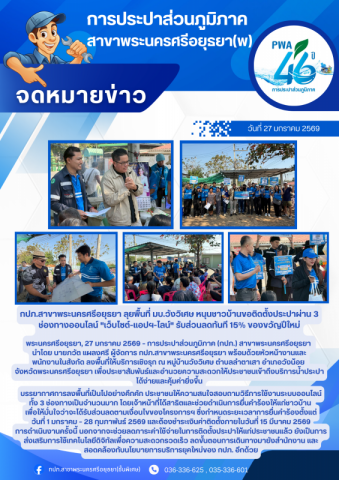 กปภ.สาขาพระนครศรีอยุธยา ลุยพื้นที่ มบ.วังวิเศษ หนุนชาวบ้านขอติดตั้งประปาผ่าน 3 ช่องทางออนไลน์ "เว็บไซต์-แอปฯ-ไลน์" รับส่วนลดทันที 15% ของขวัญปีใหม่