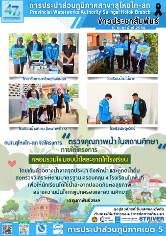 การประปาส่วนภูมิภาคสาขาสุไหงโก-ลก ดำเนินโครงการ "หลอมรวมใจ มอบน้ำใสสะอาดให้โรงเรียน" ประจำปี 2569