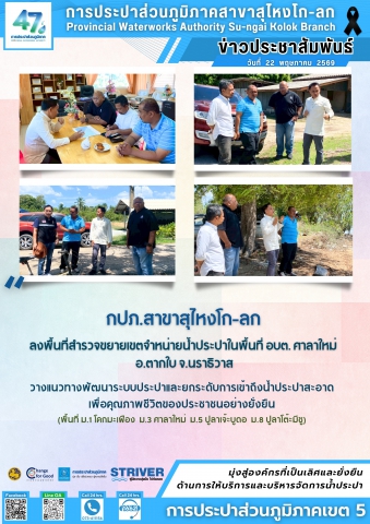 กปภ.สาขาสุไหงโก-ลก ลงพื้นที่สำรวจขยายเขตจำหน่ายน้ำประปาในพื้นที่ อบต. ศาลาใหม่ อ.ตากใบ จ.นราธิวาส  วางแนวทางพัฒนาระบบประปาและยกระดับการเข้าถึงน้ำประปาสะอาด เพื่อคุณภาพชีวิตของประชาชนอย่างยั่งยืน