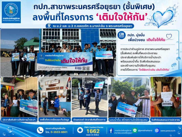 กปภ.สาขาพระนครศรีอยุธยา (ชั้นพิเศษ) ลงพื้นที่โครงการ ใกล้ชิดกว่าเดิม เติมใจให้กัน ณ หมู่ 2 และหมู่ 3 ตำบลคลองจิก อำเภอบางปะอิน