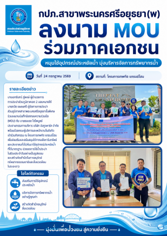 กปภ.สาขาพระนครศรีอยุธยา(พ) จับมือภาคอสังหาริมทรัพย์ ลงนาม MOU หนุนใช้อุปกรณ์ประหยัดน้ำ สร้างสังคมใช้น้ำอย่างรู้คุณค่า