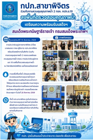 กปภ.สาขาพิจิตร ร่วมกับงานควบคุมคุณภาพน้ำ 2 กรค. กปภ.ข.10 ลงพื้นที่ตรวจสอบคุณภาพน้ำ เตรียมความพร้อมรับเสด็จฯ สมเด็จพระกนิษฐาธิราชเจ้า กรมสมเด็จพระเทพฯ