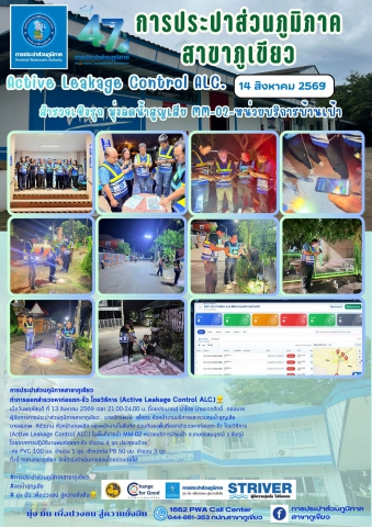 การประปาส่วนภูมิภาคสาขาภูเขียว Active Leakage Control ALC. 14 สิงหาคม 2569 สำรวจเชิงรุก มุ่งลดน้ำสูญเสีย MM-02-หน่วยบริการบ้านเป้า