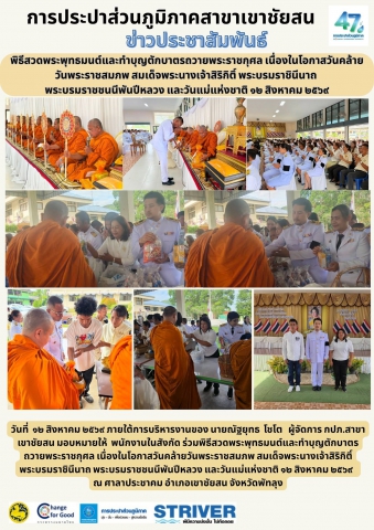 วันที่ ๑๒ สิงหาคม ๒๕๖๙ ภายใต้การบริหารงานของ นายณัฐยุทธ โชโต ผู้จัดการ กปภ.สาขาเขาชัยสน มอบหมายให้ พนักงานในสังกัด ร่วมพิธีสวดพระพุทธมนต์และทำบุญตักบาตรถวายพระราชกุศล เนื่องในโอกาสวันคล้ายวันพระราชสมภพ สมเด็จพระนางเจ้าสิริกิติ์ พระบรมราชินีนาถ พระบรมราชชนนีพันปีหลวง และวันแม่แห่งชาติ ๑๒ สิงหาคม ๒๕๖๙