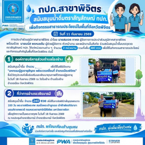 กปภ.สาขาพิจิตร สนับสนุนน้ำดื่มตราสัญลักษณ์ กปภ. เพื่อกิจกรรมสาธารณประโยชน์ในพื้นที่จังหวัดพิจิตร