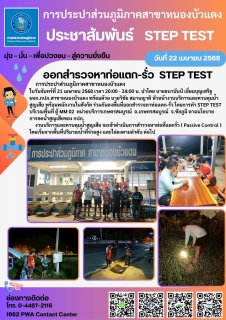 ไฟล์แนบ กปภ.สาขาหนองบัวแดง เมื่อวันที่ 21 เมษายน 2568 ออกสำรวจหาท่อแตก-รั่ว โดยวิธี (STEP TEST) ตามนโยบายการลดน้ำสูญเสียของ กปภ.