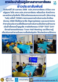 ไฟล์แนบ วันจันทร์ที่ 28 เมษายน 2568  กปภ.สาขาเขาชัยสน นำโดย นายณัฐยุทธ โชโต ผจก.กปภ.สาขาเขาชัยสน พร้อมด้วย หัวหน้างาน และพนักงานในสังกัด ได้ร่วมกิจกรรมสนทนายามเช้า (Morning Talk) ครั้งที่ 7/2568