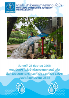 ไฟล์แนบ กปภ.สาขาตะกั่วป่า ดำเนินการตามแผนงานบริการและควบคุมน้ำสูญเสีย โบล์วน้ำเพื่อระบายตะกอนในเส้นท่อ ช่วงเดือนกันยายน ปี2568