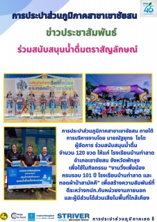 ไฟล์แนบ การประปาส่วนภูมิภาคสาขาเขาชัยสน ภายใต้การบริหารงานโดย นายณัฐยุทธ โชโต ผู้จัดการ ร่วมสนับสนุนน้ำดื่ม จำนวน 120 ขวด ให้แก่ โรงเรียนบ้านท่าลาด อำเภอเขาชัยสน จังหวัดพัทลุง เพื่อใช้ในกิจกรรม งานวิ่งเพื่อน้อง ครบรอบ 101 ปี โรงเรียนบ้านท่าลาด และทอดผ้าป่าสามัคคี