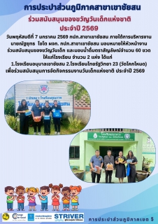 ไฟล์แนบ วันพฤหัสบดีที่ 7 มกราคม 2569 กปภ.สาขาเขาชัยสน ภายใต้การบริหารงาน นายณัฐยุทธ โชโต ผจก. กปภ.สาขาเขาชัยสน มอบหมายให้หัวหน้างานในสังกัด ร่วมสนับสนุนของขวัญวันเด็ก ปี 2569