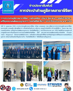 ไฟล์แนบ การประปาส่วนภูมิภาคสาขาพิจิตร ร่วมขับเคลื่อน Quick Big Win รวมพลังรักศรัทธา แก้ปัญหายาเสพติดแบบบูรณาการ จังหวัดพิจิตรสีขาว ประจำปีงบประมาณ พ.ศ. 2569