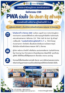 ไฟล์แนบ กปภ.สาขาย่านตาขาว ร่วมกับเทศบาลตำบลย่านตาขาว จัดกิจกรรม CSR PWA ร่วมใจ วัด ประชา รัฐ สร้างสุข รวมพลังสร้างสัปปายะสู่วัดด้วยวิถี 5 ส เฉลิมพระเกียรติฯ เนื่องในโอกาสวันคล้ายวันพระราชสมภพ 12 สิงหาคม