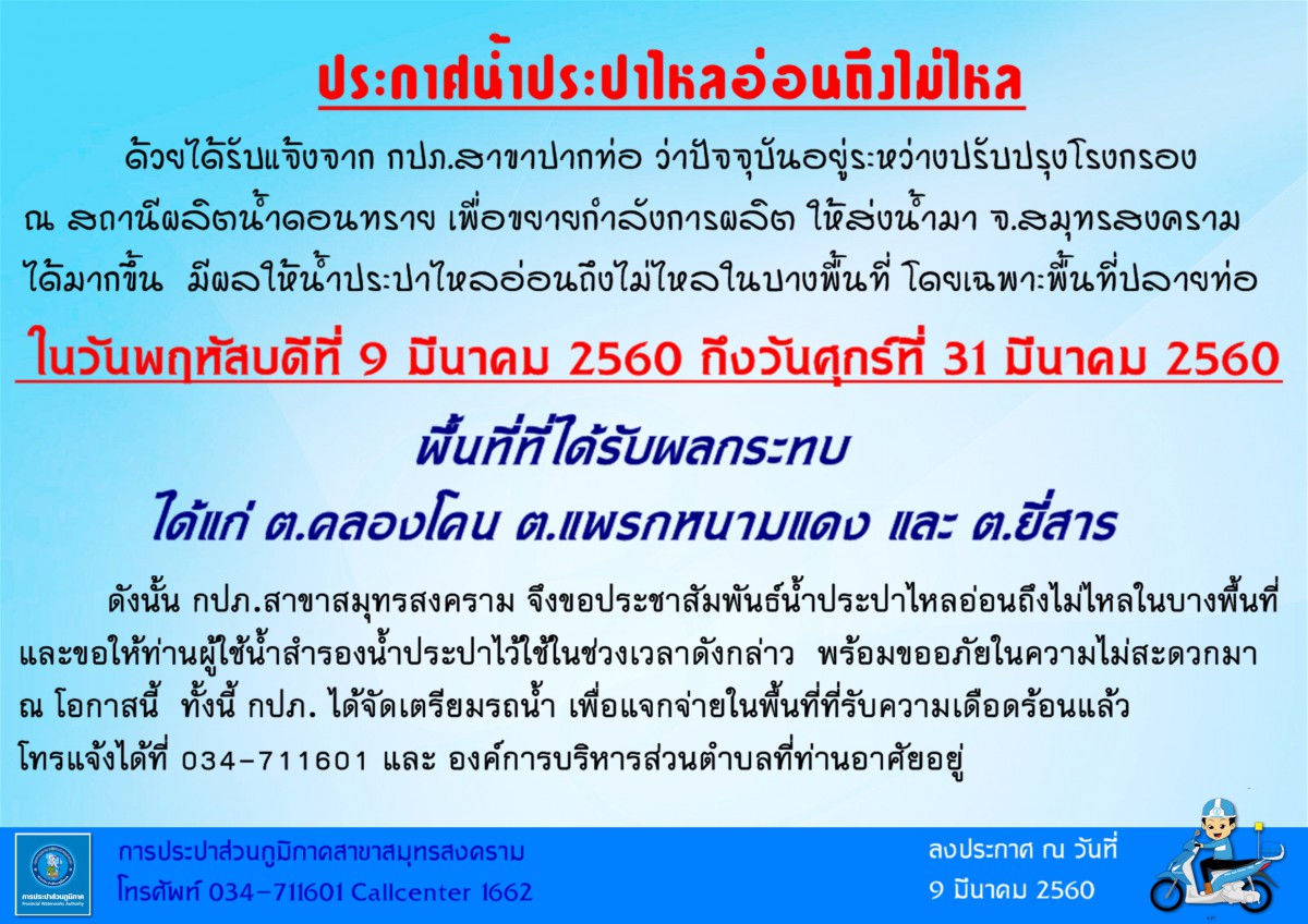 แจ้งเหตุขัดข้องน้ำประปาไหลอ่อนถึงไม่ไหล