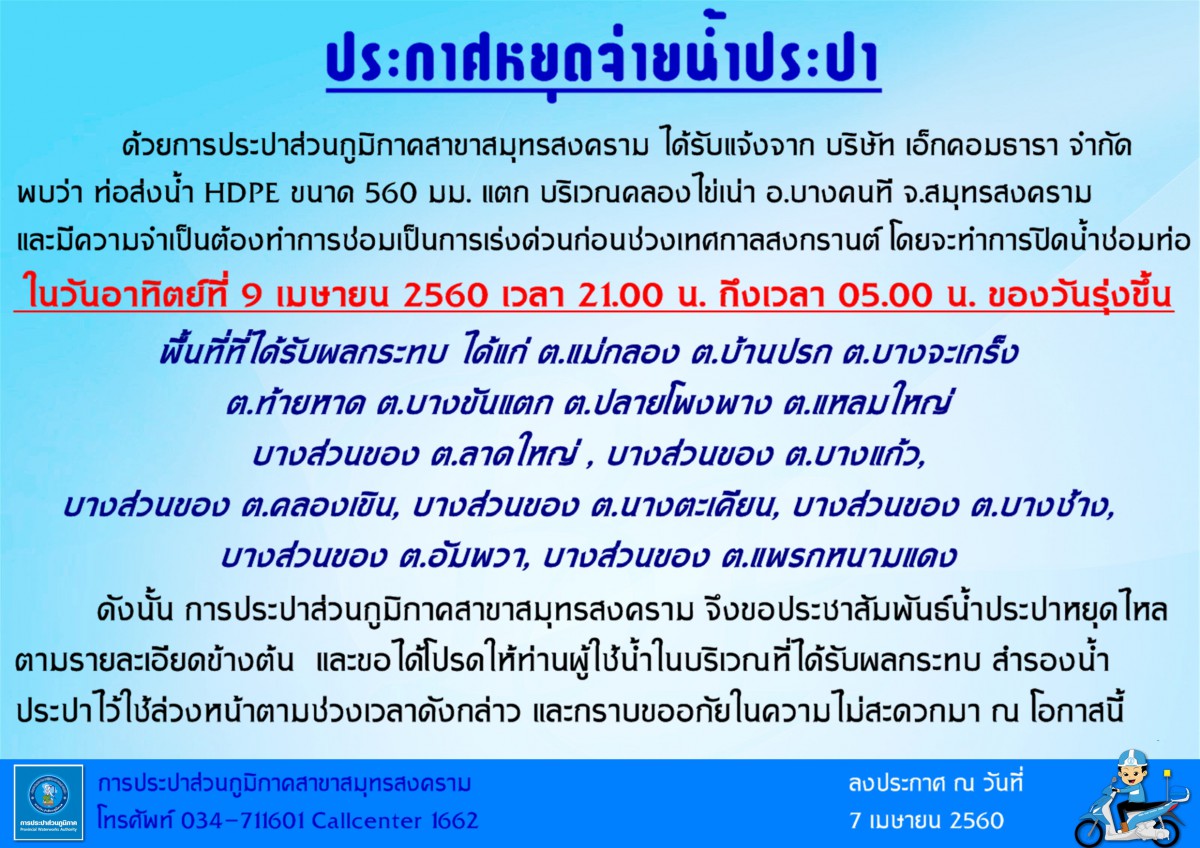 แจ้งเหตุขัดข้องน้ำประปาไม่ไหล
