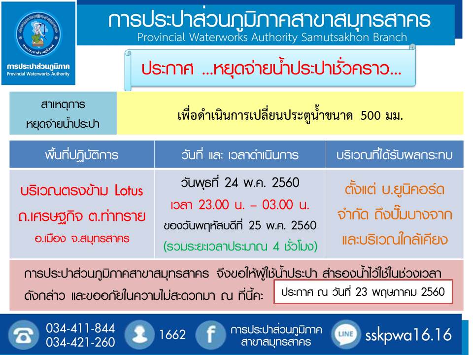 ประกาศหยุดจ่ายน้ำชั่วคราว กปภ.สาขาสมุทรสาคร