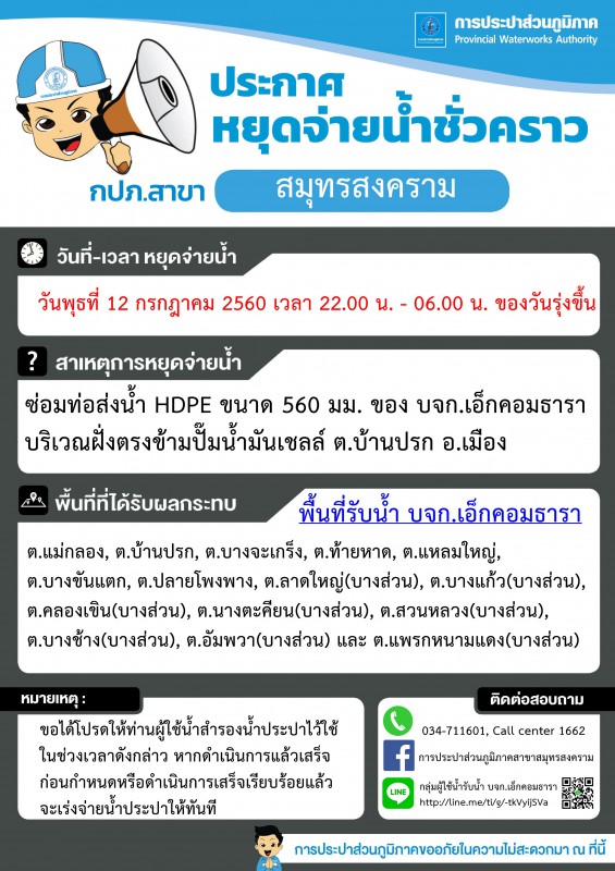 แจ้งเหตุขัดข้องน้ำประปาไม่ไหล