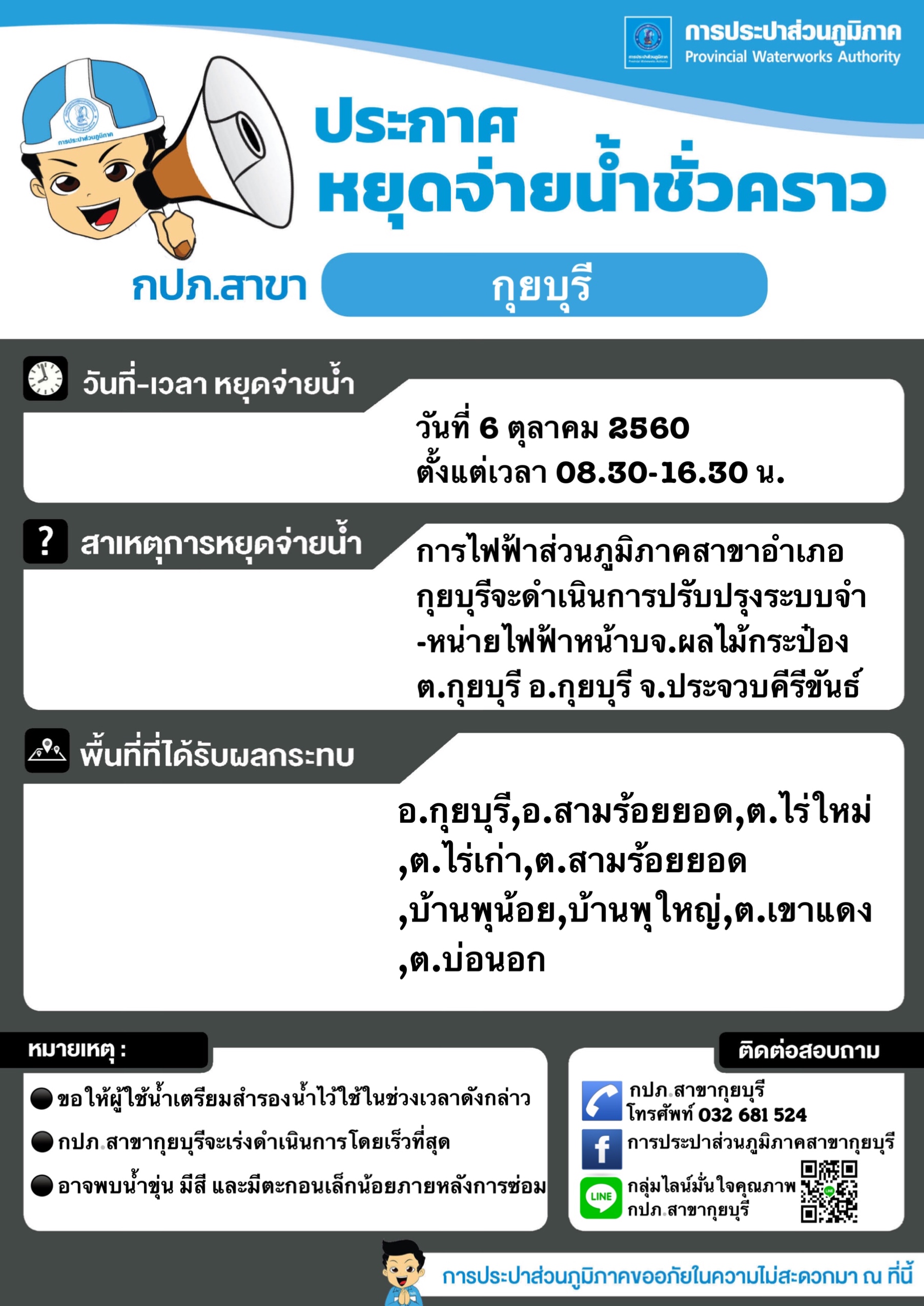 กปภ.สาขากุยบุรี ขอประกาศหยุดจ่ายน้ำชั่วคราว