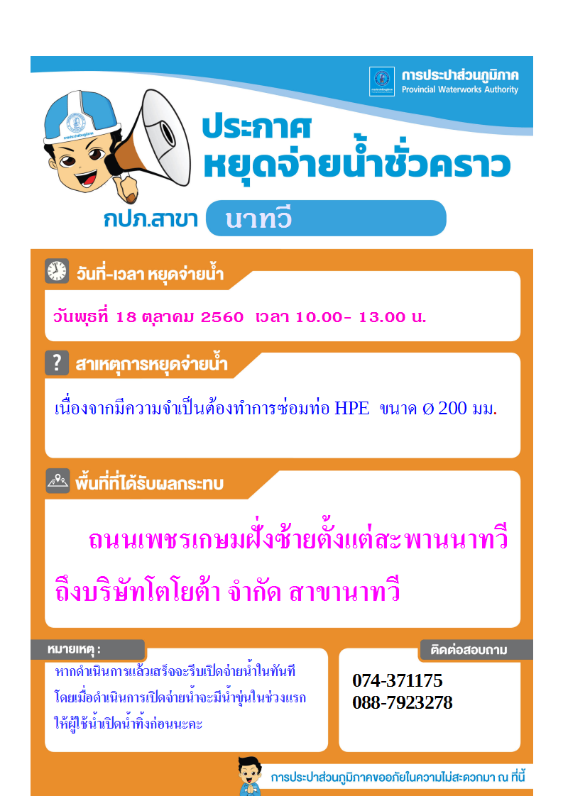 การประปาส่วนภูมิภาค สาขานาทวี หยุดจ่ายน้ำเป็นการชั่วคราว