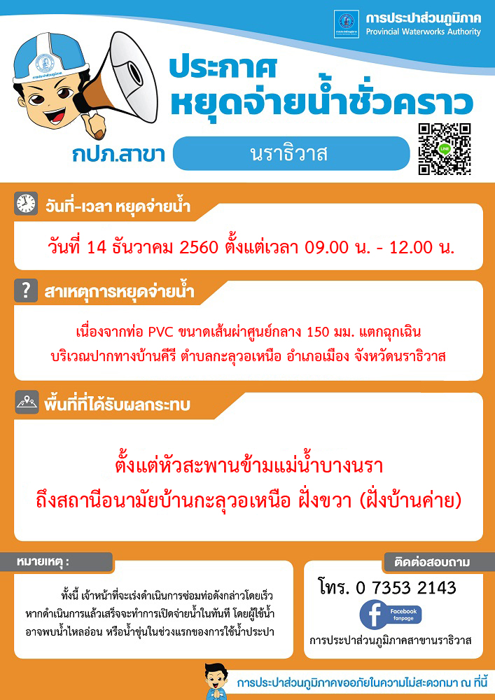 กปภ.สาขานราธิวาส ประกาศหยุดจ่ายน้ำชั่วคราว