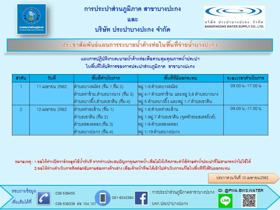 กปภ.สาขาบางปะกง ประชาสัมพันธ์การระบายน้ำค้างท่อในพื้นที่จ่ายน้ำบางปะกง